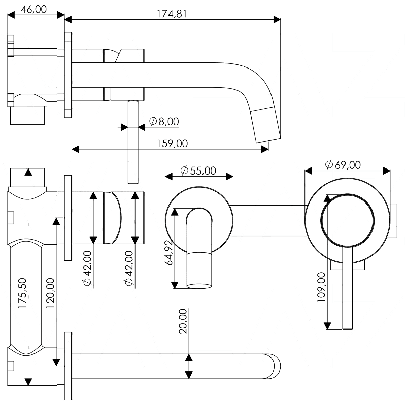 Grifo lavabo empotrado redondo monomando cromado caño fino de 15cm y fijo serie Deva