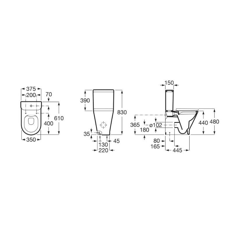 ROCA Round - Taza Rimless® compacta empotrada salida dual para tanque bajo THE GAP 375 mm