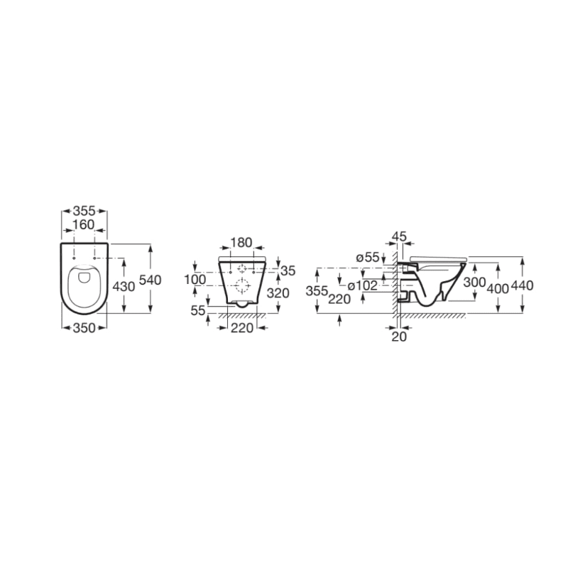 ROCA Square - Taza Rimless® suspendida THE GAP 355 mm