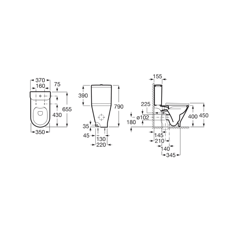 ROCA Square - Taza Roca Rimless® con salida dual tanque bajo THE GAP 370 mm